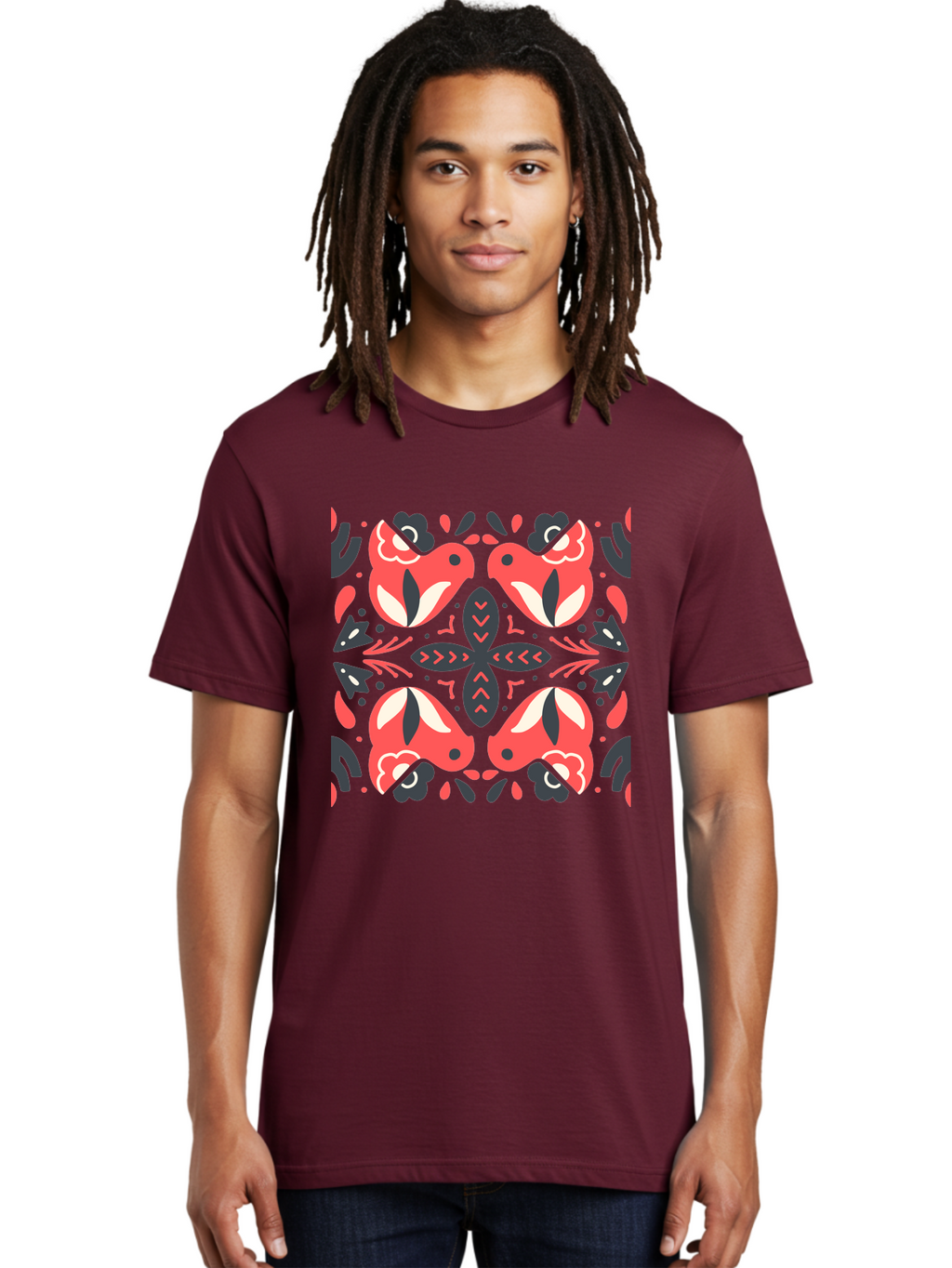 Kaleidoscope-Pattern Men'S Graphic Tee, 100% Cotton, Comfortable Casual Summer Wear, Machine Washable, Symmetrical Pattern, Floral Design, Abstract Shapes, Vibrant Colors, Bold Graphics, Modern Art, Red And White Flowers, Black Accents, Aab758