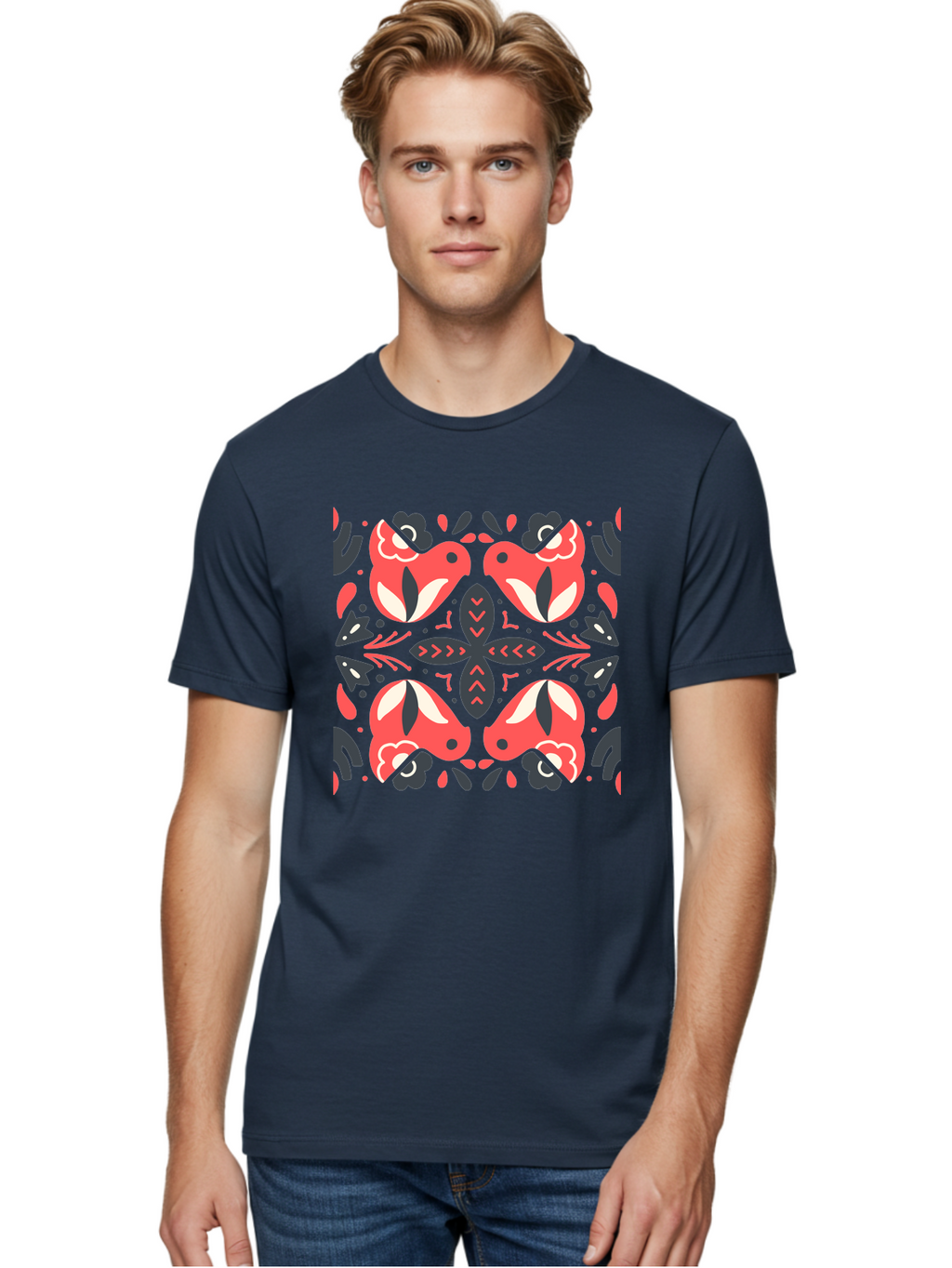 Kaleidoscope-Pattern Men'S Graphic Tee, 100% Cotton, Comfortable Casual Summer Wear, Machine Washable, Symmetrical Pattern, Floral Design, Abstract Shapes, Vibrant Colors, Bold Graphics, Modern Art, Red And White Flowers, Black Accents, Aab758