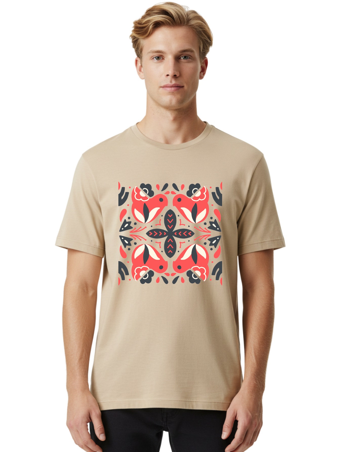 Kaleidoscope-Pattern Men'S Graphic Tee, 100% Cotton, Comfortable Casual Summer Wear, Machine Washable, Symmetrical Pattern, Floral Design, Abstract Shapes, Vibrant Colors, Bold Graphics, Modern Art, Red And White Flowers, Black Accents, Aab758