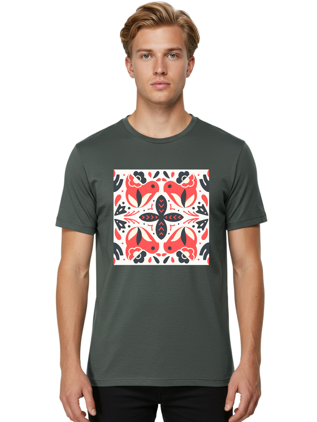 Koi-Fish-Pattern Men'S Graphic Tee, 100% Cotton, Comfortable Casual Summer Wear, Machine Washable, Koi Fish Pattern, Red And Black Design, Floral Motifs, Symmetrical Pattern, Abstract Shapes, Decorative Elements, Traditional Japanese Design, Aab761