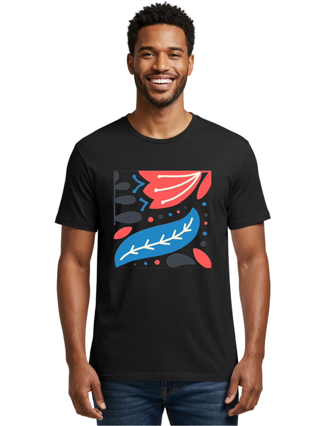 Leaf-Pattern Men'S Graphic Tee, 100% Cotton, Comfortable Casual Summer Wear, Machine Washable, Stylized Leaves, Abstract Design, Colorful Shapes, Playful Pattern, Blue And Red Leaves, White Veins, Scattered Dots, Creative Artwork, Aab763