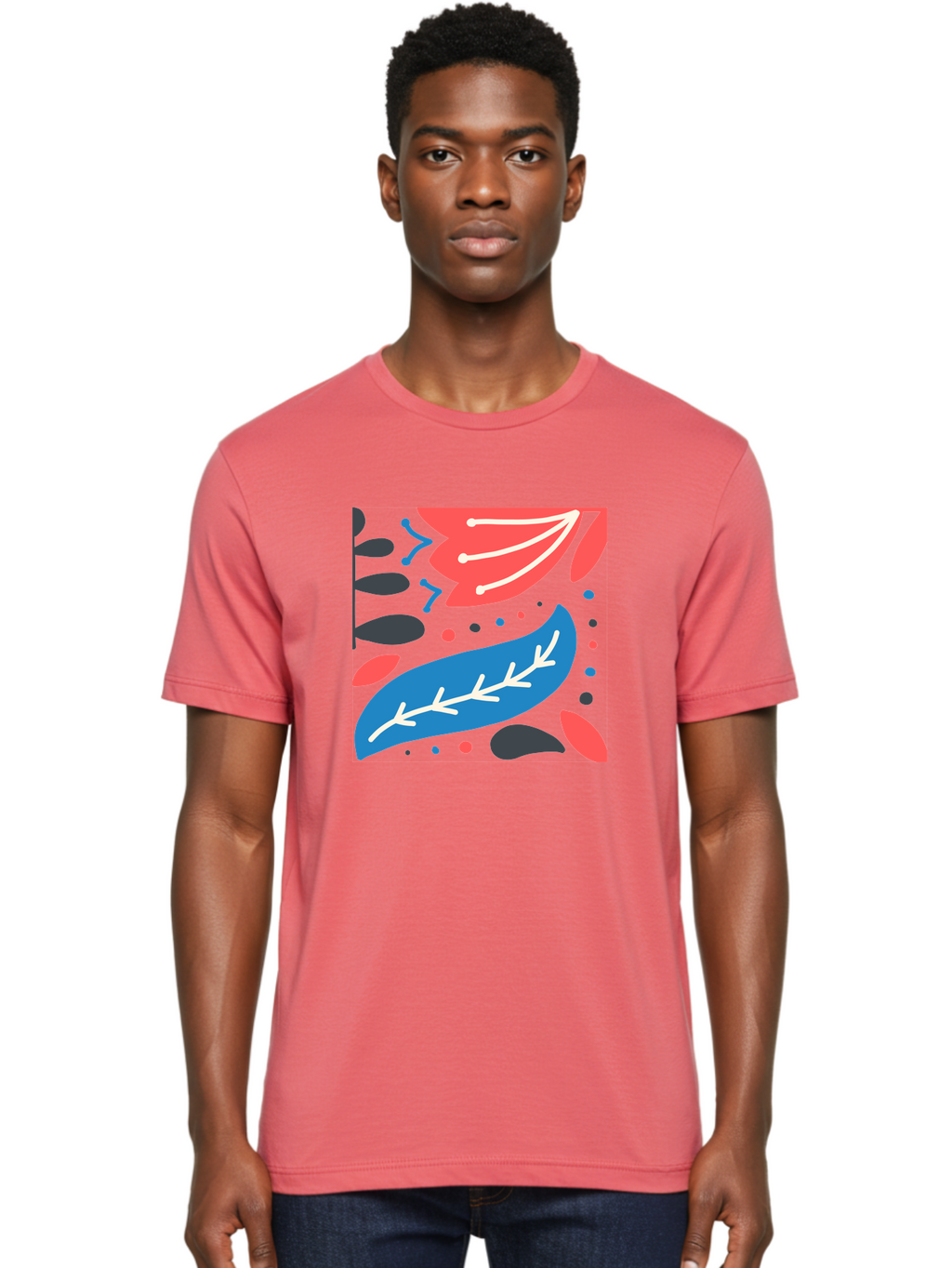 Leaf-Pattern Men'S Graphic Tee, 100% Cotton, Comfortable Casual Summer Wear, Machine Washable, Stylized Leaves, Abstract Design, Colorful Shapes, Playful Pattern, Blue And Red Leaves, White Veins, Scattered Dots, Creative Artwork, Aab763