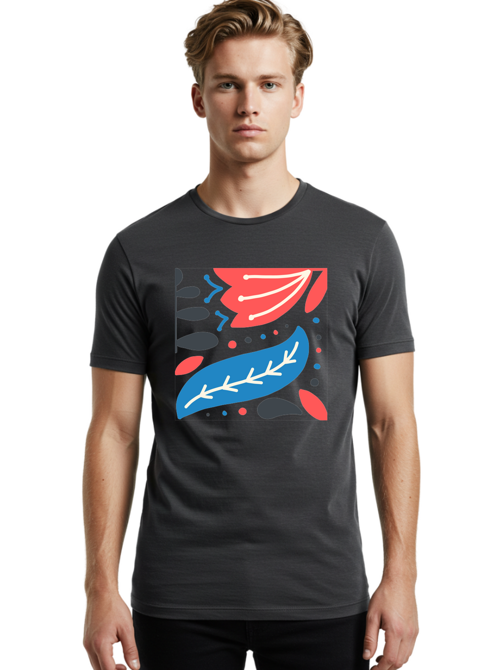 Leaf-Pattern Men'S Graphic Tee, 100% Cotton, Comfortable Casual Summer Wear, Machine Washable, Stylized Leaves, Abstract Design, Colorful Shapes, Playful Pattern, Blue And Red Leaves, White Veins, Scattered Dots, Creative Artwork, Aab763