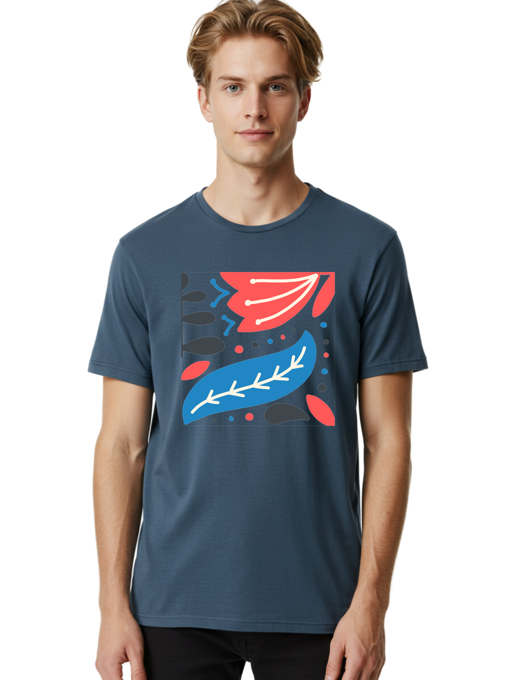 Leaf-Pattern Men'S Graphic Tee, 100% Cotton, Comfortable Casual Summer Wear, Machine Washable, Stylized Leaves, Abstract Design, Colorful Shapes, Playful Pattern, Blue And Red Leaves, White Veins, Scattered Dots, Creative Artwork, Aab763