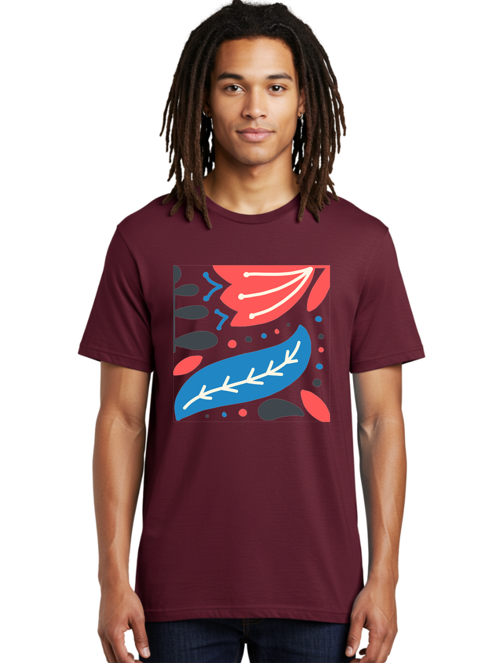 Leaf-Pattern Men'S Graphic Tee, 100% Cotton, Comfortable Casual Summer Wear, Machine Washable, Stylized Leaves, Abstract Design, Colorful Shapes, Playful Pattern, Blue And Red Leaves, White Veins, Scattered Dots, Creative Artwork, Aab763