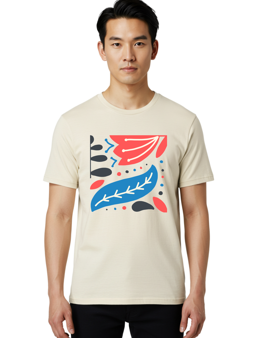 Leaf-Pattern Men'S Graphic Tee, 100% Cotton, Comfortable Casual Summer Wear, Machine Washable, Stylized Leaves, Abstract Design, Colorful Shapes, Playful Pattern, Blue And Red Leaves, White Veins, Scattered Dots, Creative Artwork, Aab763