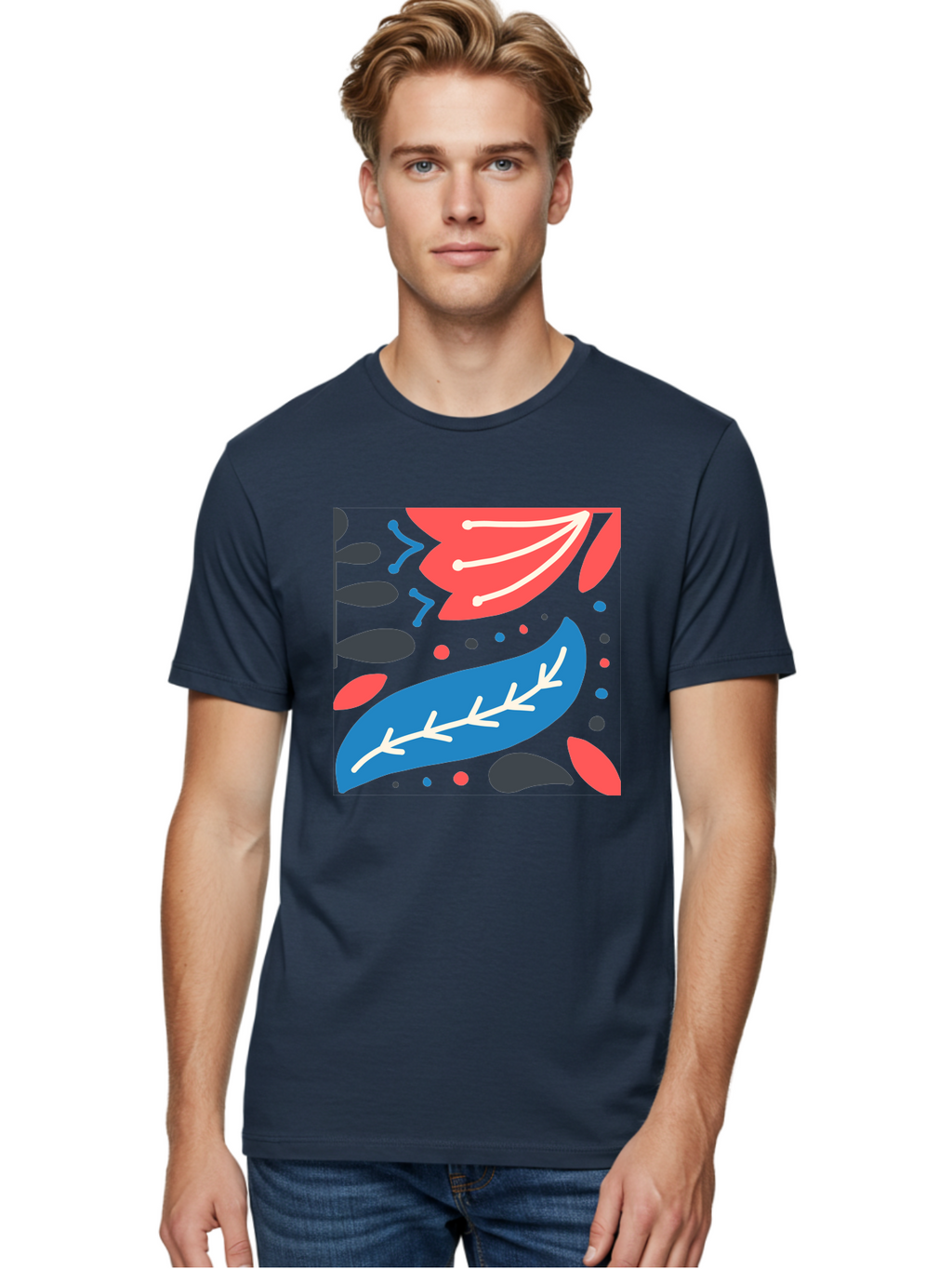 Leaf-Pattern Men'S Graphic Tee, 100% Cotton, Comfortable Casual Summer Wear, Machine Washable, Stylized Leaves, Abstract Design, Colorful Shapes, Playful Pattern, Blue And Red Leaves, White Veins, Scattered Dots, Creative Artwork, Aab763
