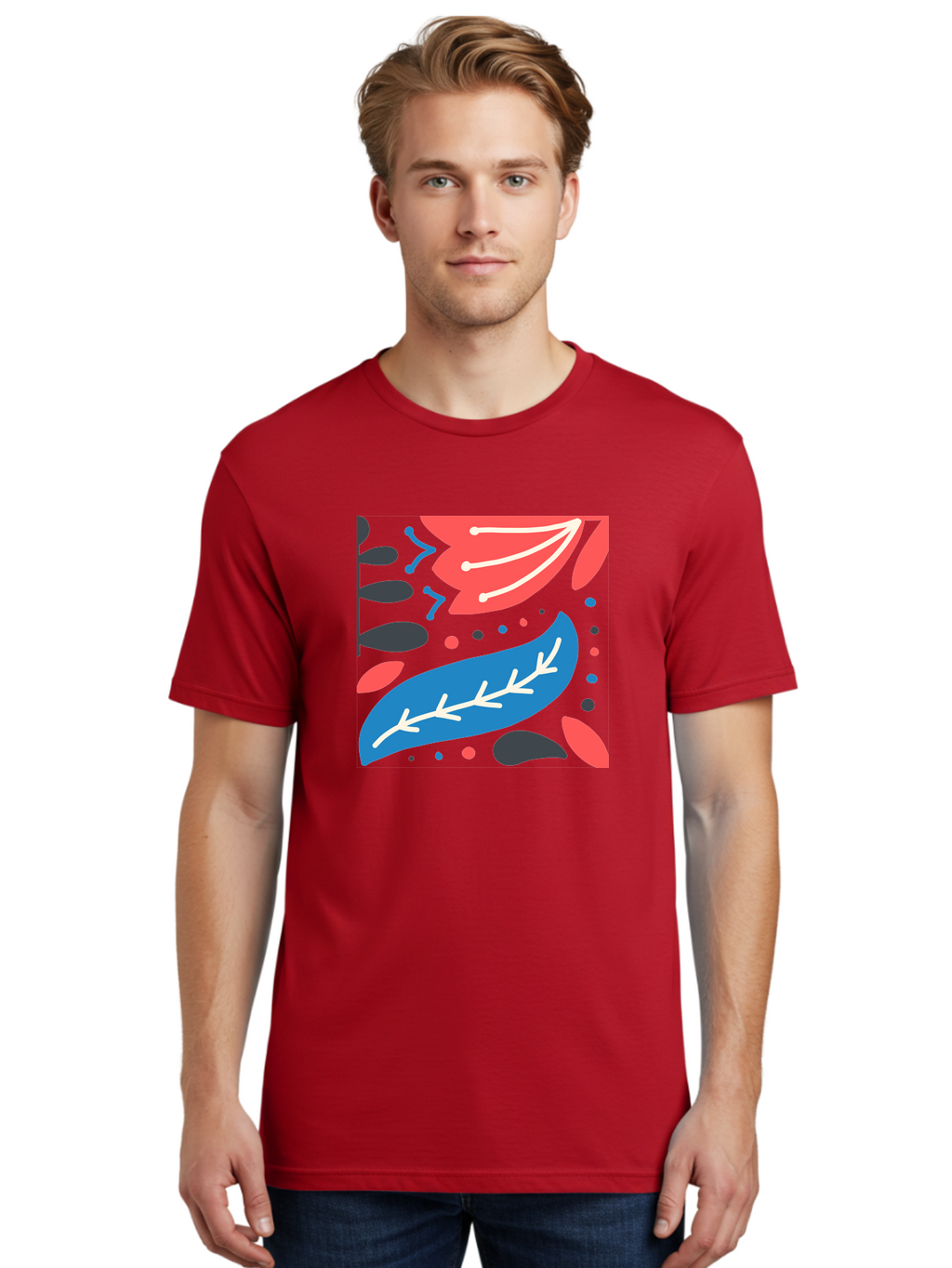 Leaf-Pattern Men'S Graphic Tee, 100% Cotton, Comfortable Casual Summer Wear, Machine Washable, Stylized Leaves, Abstract Design, Colorful Shapes, Playful Pattern, Blue And Red Leaves, White Veins, Scattered Dots, Creative Artwork, Aab763