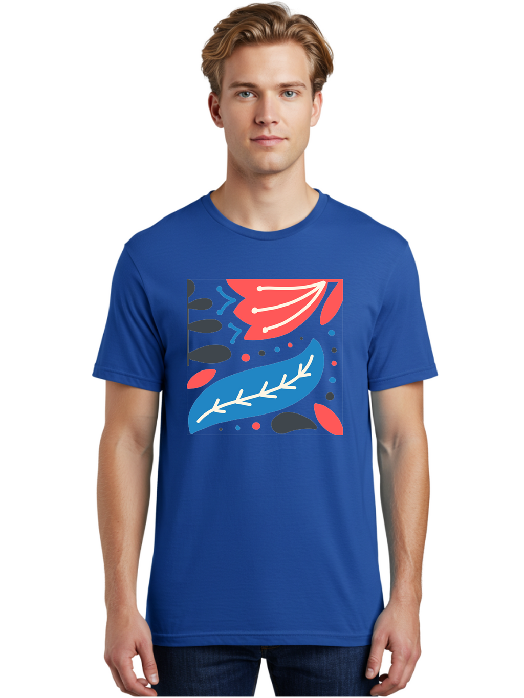 Leaf-Pattern Men'S Graphic Tee, 100% Cotton, Comfortable Casual Summer Wear, Machine Washable, Stylized Leaves, Abstract Design, Colorful Shapes, Playful Pattern, Blue And Red Leaves, White Veins, Scattered Dots, Creative Artwork, Aab763