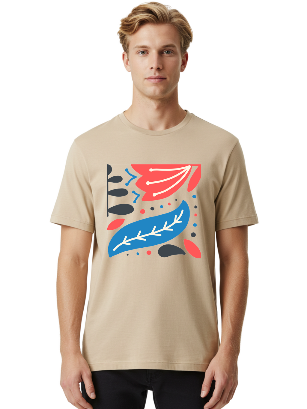 Leaf-Pattern Men'S Graphic Tee, 100% Cotton, Comfortable Casual Summer Wear, Machine Washable, Stylized Leaves, Abstract Design, Colorful Shapes, Playful Pattern, Blue And Red Leaves, White Veins, Scattered Dots, Creative Artwork, Aab763