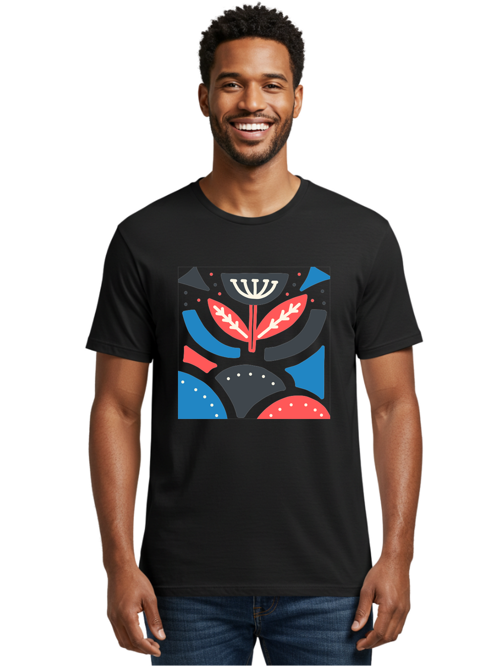 Menorah-Illustration Men'S Graphic Tee, 100% Cotton, Comfortable Casual Summer Wear, Machine Washable, Menorah Illustration, Abstract Floral Design, Hanukkah Symbol, Festive Atmosphere, Jewish Tradition, Holiday Celebration, Aab764