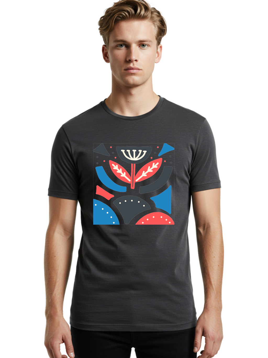Menorah-Illustration Men'S Graphic Tee, 100% Cotton, Comfortable Casual Summer Wear, Machine Washable, Menorah Illustration, Abstract Floral Design, Hanukkah Symbol, Festive Atmosphere, Jewish Tradition, Holiday Celebration, Aab764