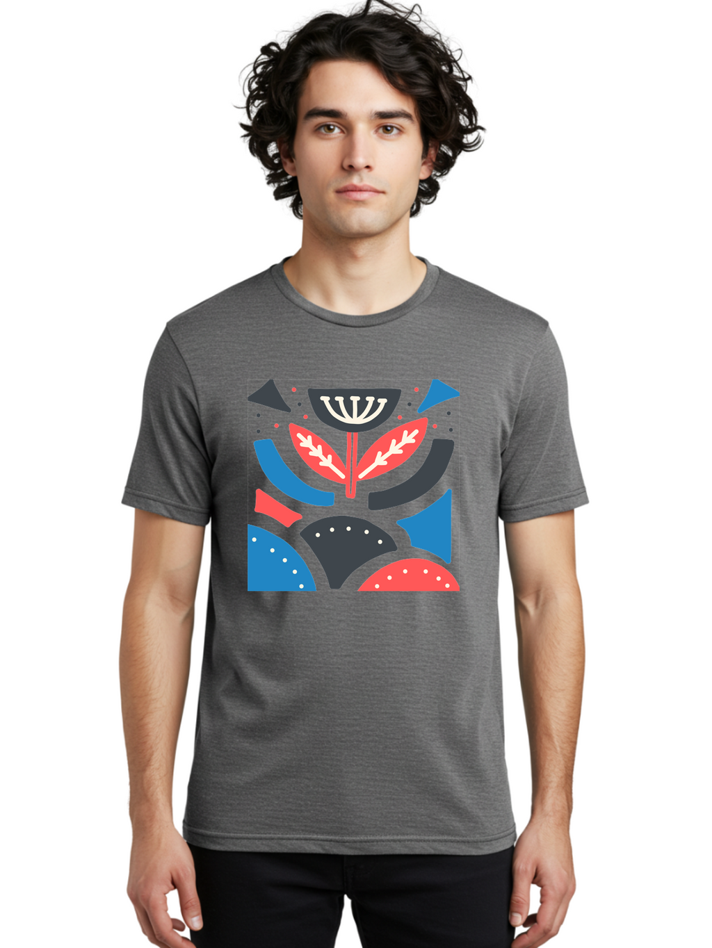 Menorah-Illustration Men'S Graphic Tee, 100% Cotton, Comfortable Casual Summer Wear, Machine Washable, Menorah Illustration, Abstract Floral Design, Hanukkah Symbol, Festive Atmosphere, Jewish Tradition, Holiday Celebration, Aab764