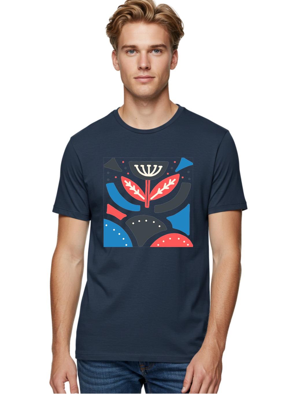 Menorah-Illustration Men'S Graphic Tee, 100% Cotton, Comfortable Casual Summer Wear, Machine Washable, Menorah Illustration, Abstract Floral Design, Hanukkah Symbol, Festive Atmosphere, Jewish Tradition, Holiday Celebration, Aab764