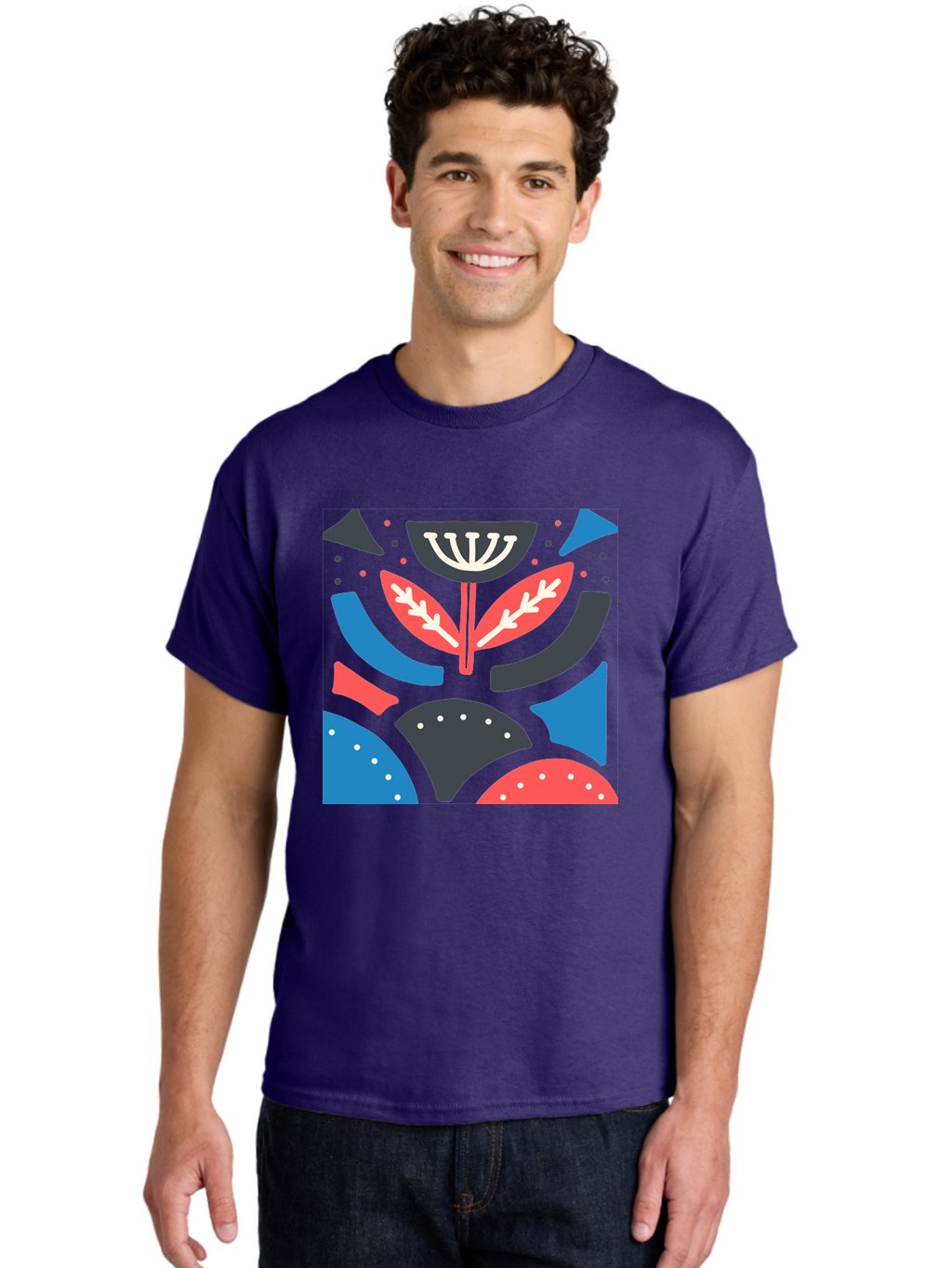 Menorah-Illustration Men'S Graphic Tee, 100% Cotton, Comfortable Casual Summer Wear, Machine Washable, Menorah Illustration, Abstract Floral Design, Hanukkah Symbol, Festive Atmosphere, Jewish Tradition, Holiday Celebration, Aab764