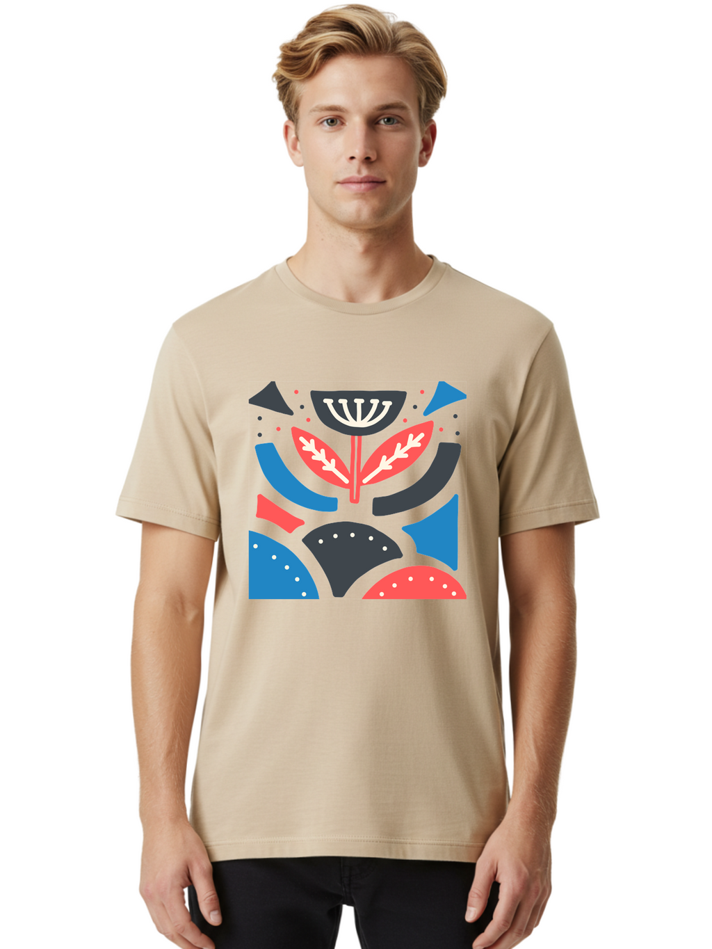 Menorah-Illustration Men'S Graphic Tee, 100% Cotton, Comfortable Casual Summer Wear, Machine Washable, Menorah Illustration, Abstract Floral Design, Hanukkah Symbol, Festive Atmosphere, Jewish Tradition, Holiday Celebration, Aab764