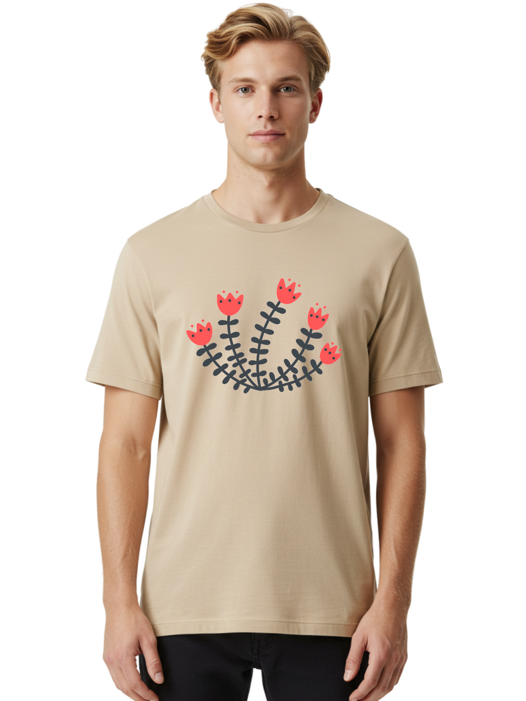 Pink-Flowers Men'S Graphic Tee, 100% Cotton, Comfortable Casual Summer Wear, Machine Washable, Red Flowers, Cartoon Style, Floral Arrangement, Blooming Flowers, Cute Design, Simple Illustration, Vibrant Flowers Aab771