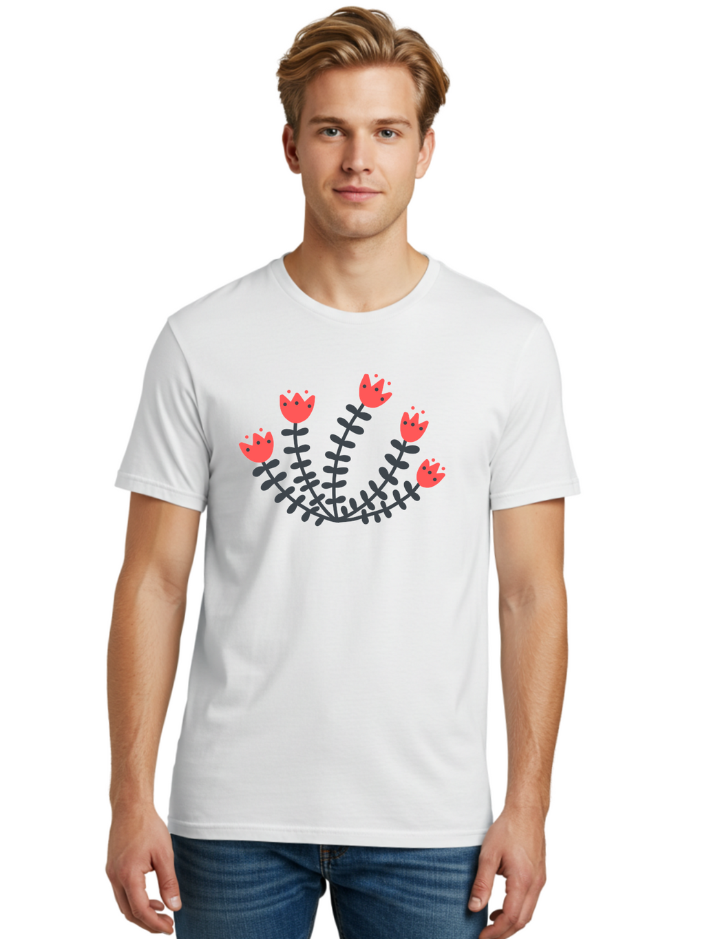 Pink-Flowers Men'S Graphic Tee, 100% Cotton, Comfortable Casual Summer Wear, Machine Washable, Red Flowers, Cartoon Style, Floral Arrangement, Blooming Flowers, Cute Design, Simple Illustration, Vibrant Flowers Aab771