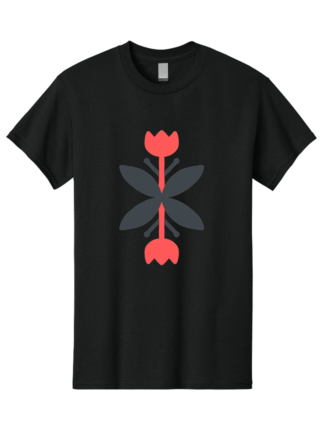 Pink-Tulip Men'S Graphic Tee, 100% Cotton, Comfortable Casual Summer Wear, Machine Washable, Stylized Butterfly, Red Flowers, Black Leaves, Floral Design, Abstract Art, Graphic Illustration, Minimalist Style, Symmetrical Composition Aab772