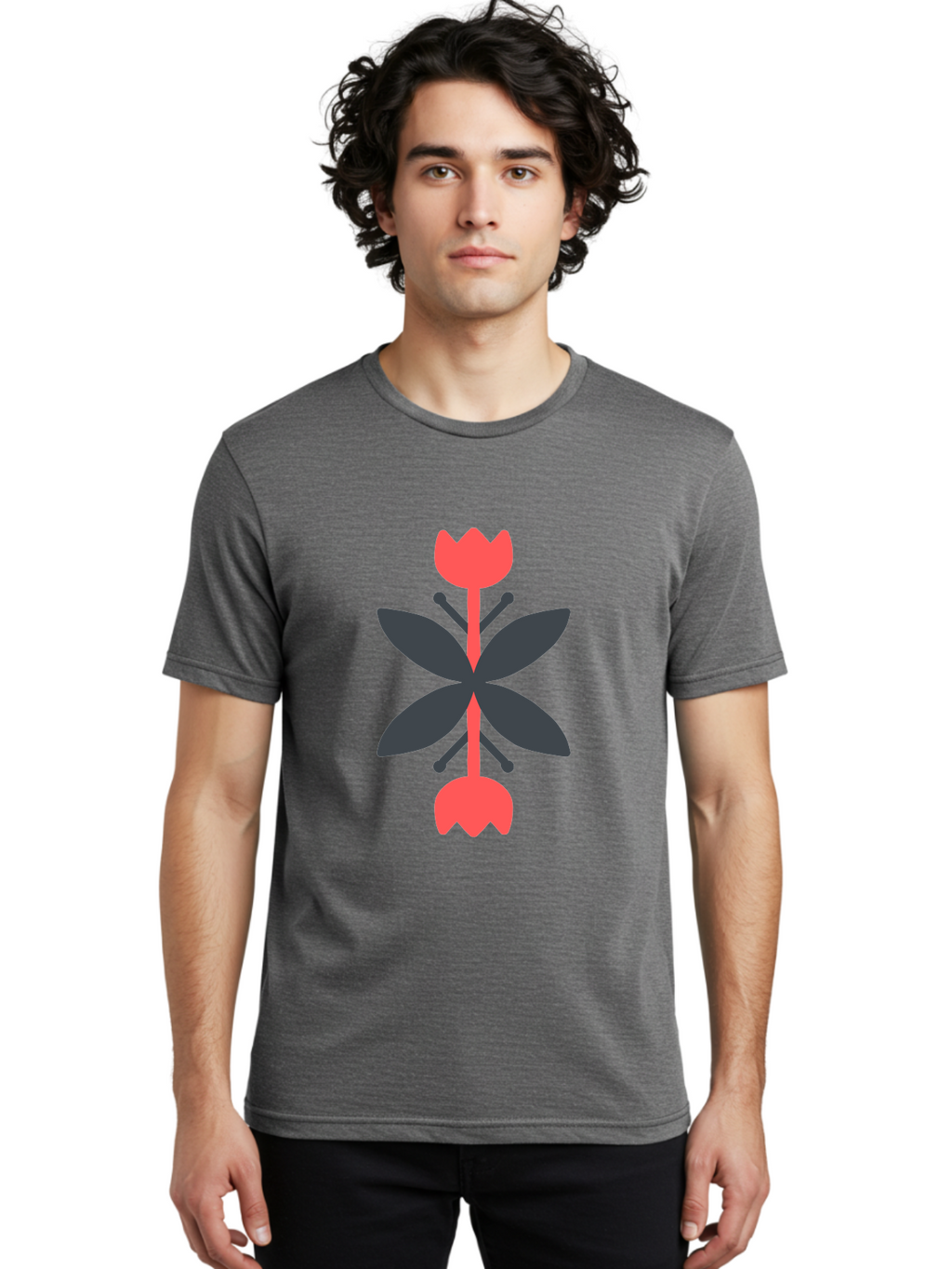 Pink-Tulip Men'S Graphic Tee, 100% Cotton, Comfortable Casual Summer Wear, Machine Washable, Stylized Butterfly, Red Flowers, Black Leaves, Floral Design, Abstract Art, Graphic Illustration, Minimalist Style, Symmetrical Composition Aab772