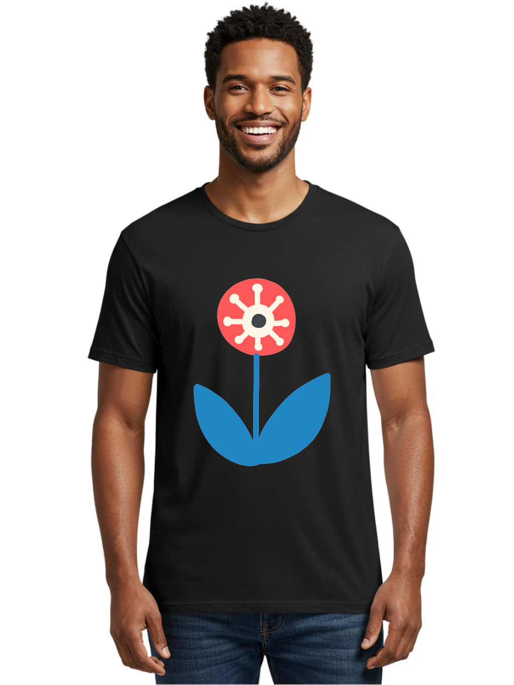 Piranha-Plant Men'S Graphic Tee, 100% Cotton, Comfortable Casual Summer Wear, Machine Washable, Cartoon Flower, Red Bloom, Blue Leaves, White And Black Center, Mushroom Inspired, Video Game Art, Super Mario, Simple Shapes, Bold Colors, Aab773
