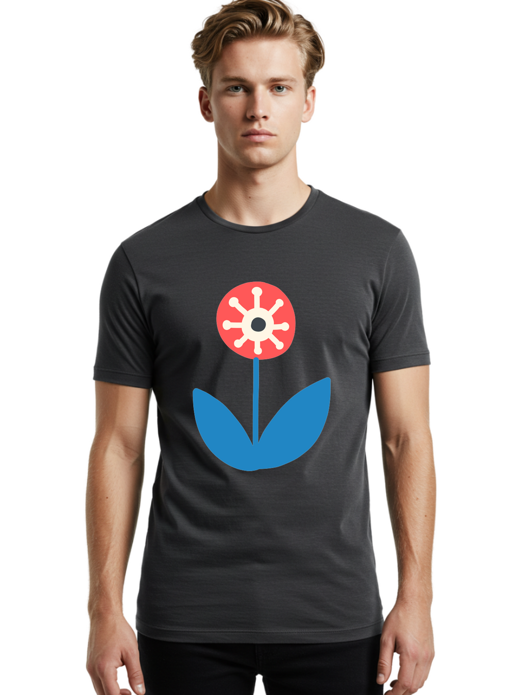 Piranha-Plant Men'S Graphic Tee, 100% Cotton, Comfortable Casual Summer Wear, Machine Washable, Cartoon Flower, Red Bloom, Blue Leaves, White And Black Center, Mushroom Inspired, Video Game Art, Super Mario, Simple Shapes, Bold Colors, Aab773