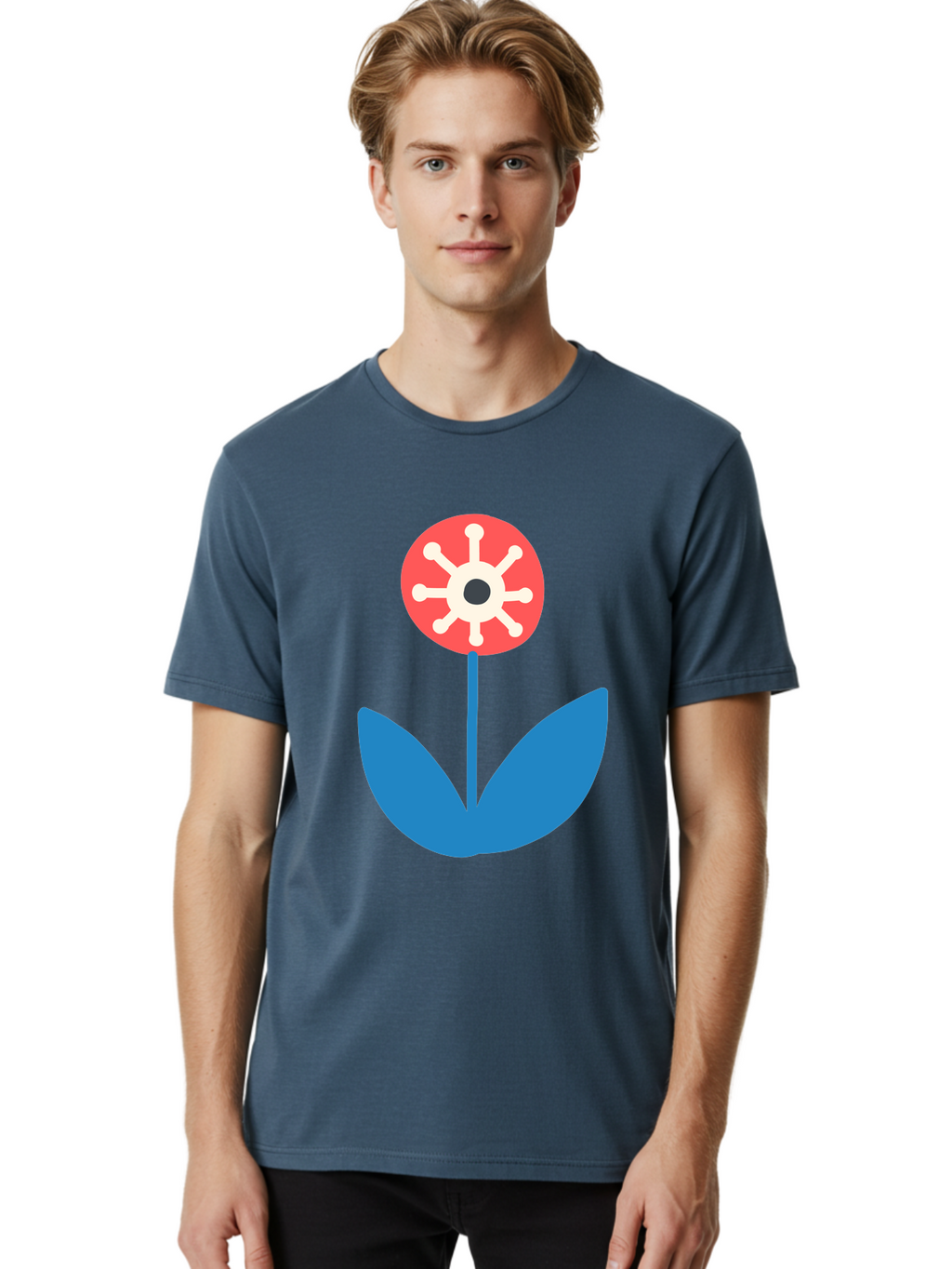 Piranha-Plant Men'S Graphic Tee, 100% Cotton, Comfortable Casual Summer Wear, Machine Washable, Cartoon Flower, Red Bloom, Blue Leaves, White And Black Center, Mushroom Inspired, Video Game Art, Super Mario, Simple Shapes, Bold Colors, Aab773