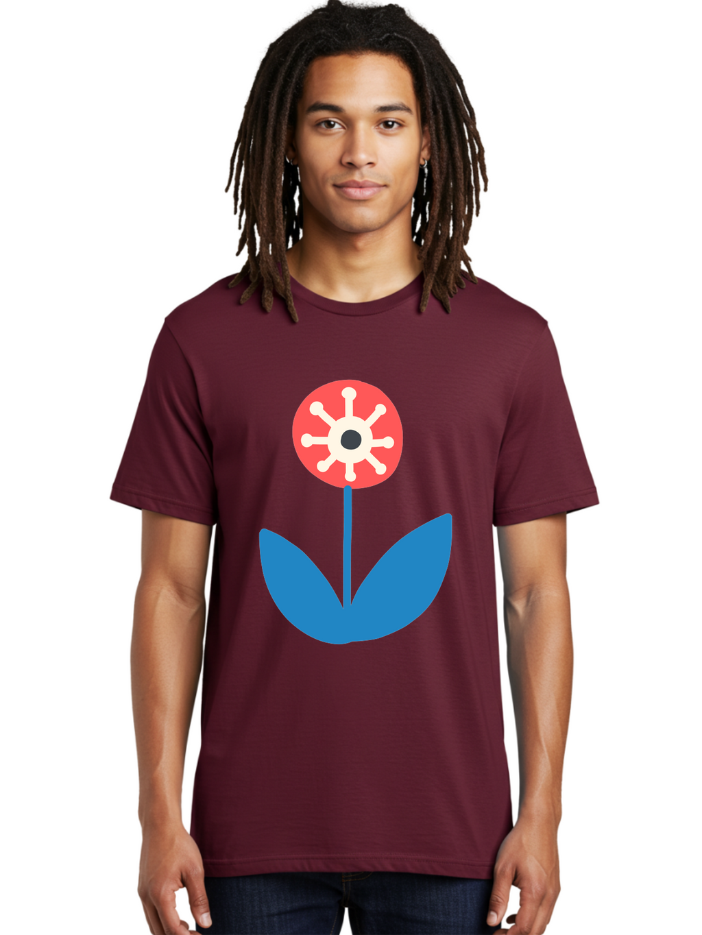 Piranha-Plant Men'S Graphic Tee, 100% Cotton, Comfortable Casual Summer Wear, Machine Washable, Cartoon Flower, Red Bloom, Blue Leaves, White And Black Center, Mushroom Inspired, Video Game Art, Super Mario, Simple Shapes, Bold Colors, Aab773