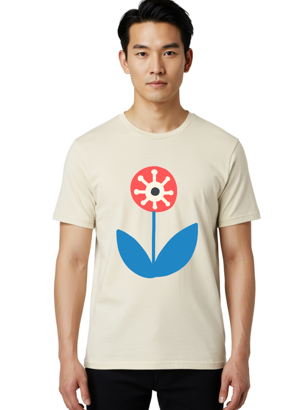 Piranha-Plant Men'S Graphic Tee, 100% Cotton, Comfortable Casual Summer Wear, Machine Washable, Cartoon Flower, Red Bloom, Blue Leaves, White And Black Center, Mushroom Inspired, Video Game Art, Super Mario, Simple Shapes, Bold Colors, Aab773