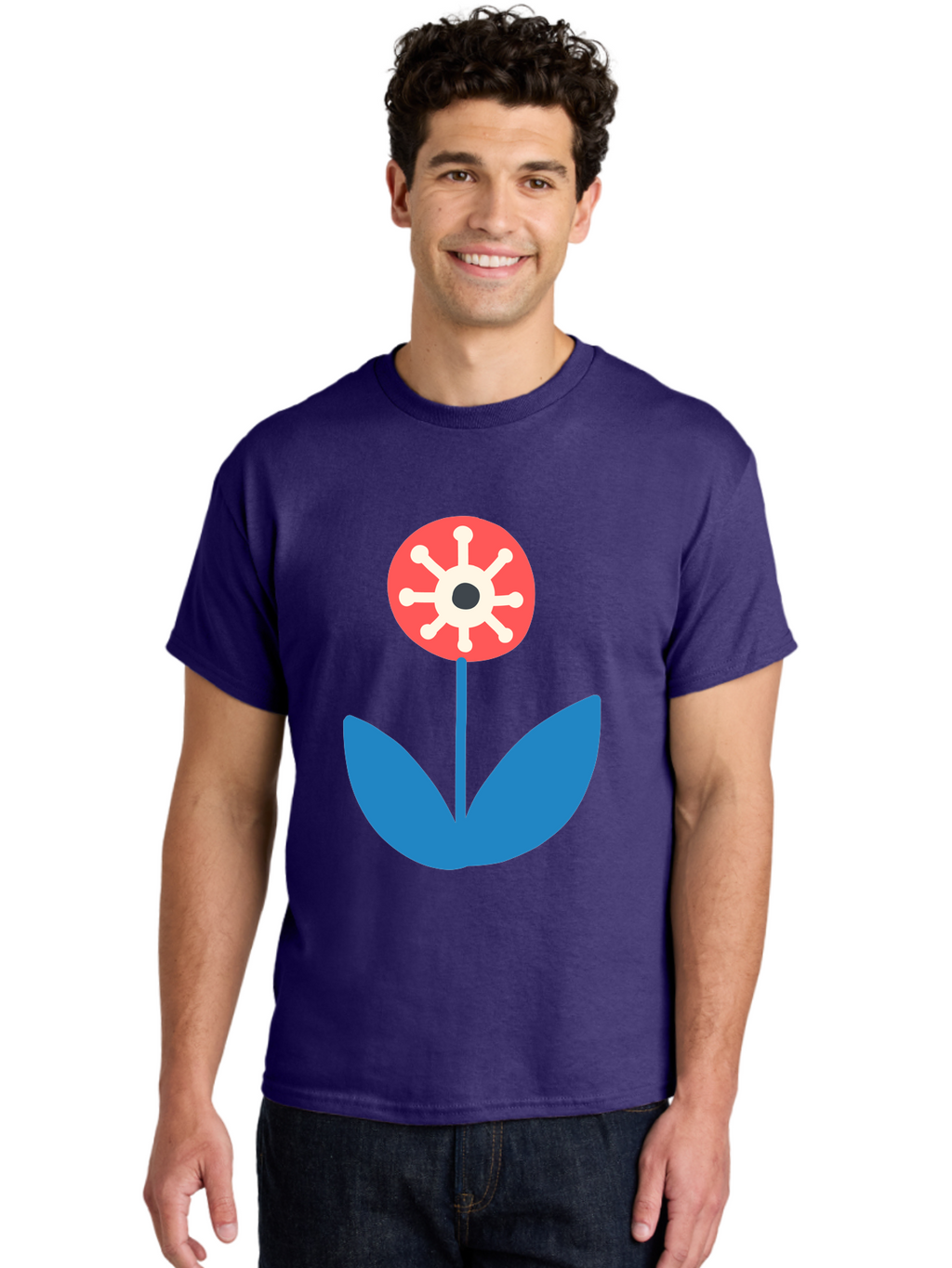 Piranha-Plant Men'S Graphic Tee, 100% Cotton, Comfortable Casual Summer Wear, Machine Washable, Cartoon Flower, Red Bloom, Blue Leaves, White And Black Center, Mushroom Inspired, Video Game Art, Super Mario, Simple Shapes, Bold Colors, Aab773