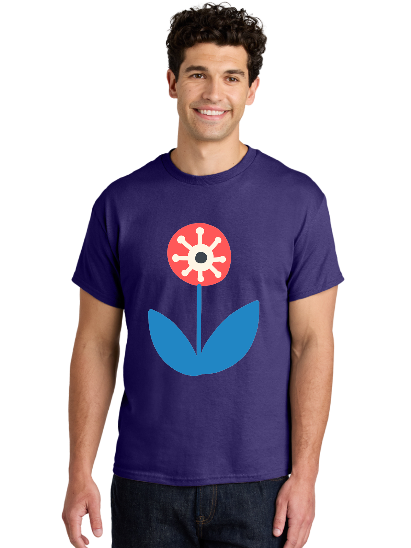 Piranha-Plant Men'S Graphic Tee, 100% Cotton, Comfortable Casual Summer Wear, Machine Washable, Cartoon Flower, Red Bloom, Blue Leaves, White And Black Center, Mushroom Inspired, Video Game Art, Super Mario, Simple Shapes, Bold Colors, Aab773