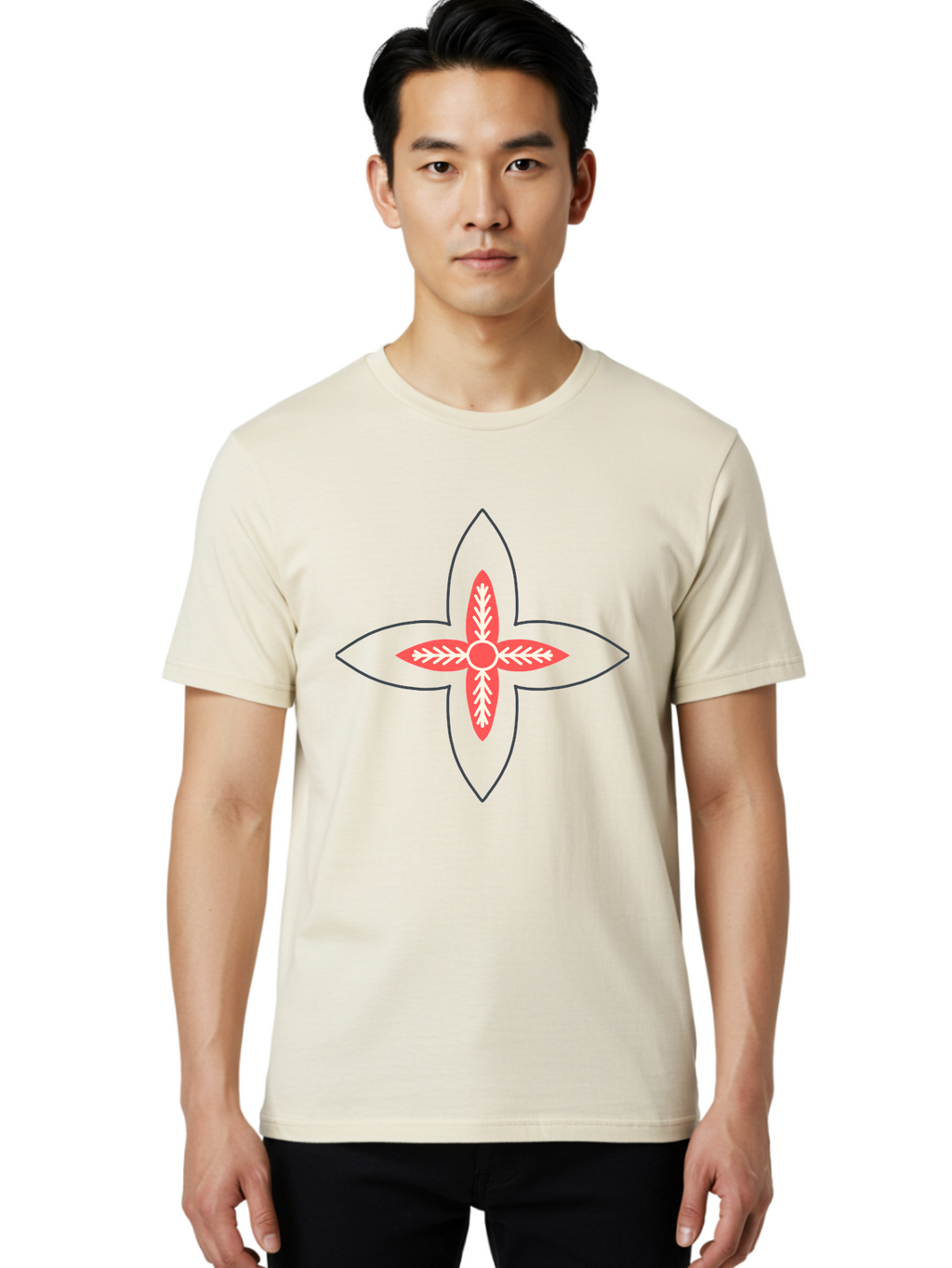 Red-And-White-Floral-Icon Men'S Graphic Tee, 100% Cotton, Comfortable Casual Summer Wear, Machine Washable, Stylized Flower, Floral Emblem, Abstract Design, Red And White Pattern, Symmetrical Shape, Decorative Motif, Geometric Pattern, Aab777