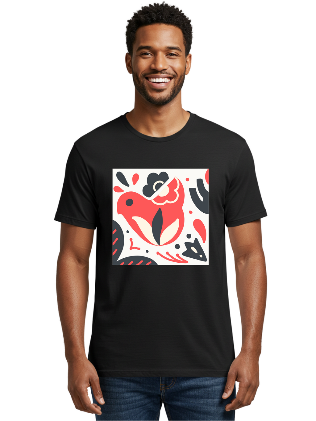 Red-Bird Men'S Graphic Tee, 100% Cotton, Comfortable Casual Summer Wear, Machine Washable, Stylized Fish Illustration, Abstract Shapes, Red And Black Accents, Modern Design, Artistic Expression, Creative Graphics, Bold Colors, Whimsical Art Aab779