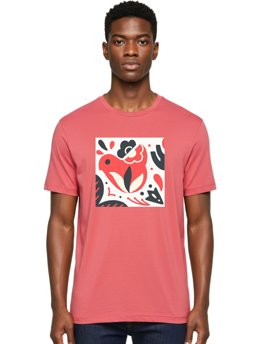 Red-Bird Men'S Graphic Tee, 100% Cotton, Comfortable Casual Summer Wear, Machine Washable, Stylized Fish Illustration, Abstract Shapes, Red And Black Accents, Modern Design, Artistic Expression, Creative Graphics, Bold Colors, Whimsical Art Aab779