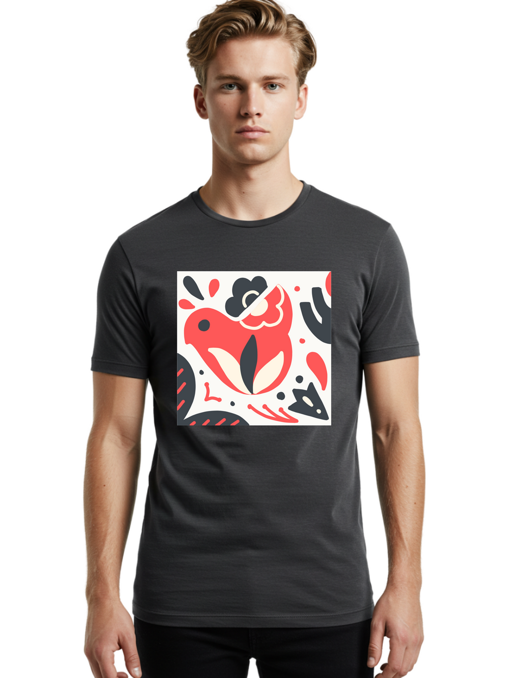 Red-Bird Men'S Graphic Tee, 100% Cotton, Comfortable Casual Summer Wear, Machine Washable, Stylized Fish Illustration, Abstract Shapes, Red And Black Accents, Modern Design, Artistic Expression, Creative Graphics, Bold Colors, Whimsical Art Aab779