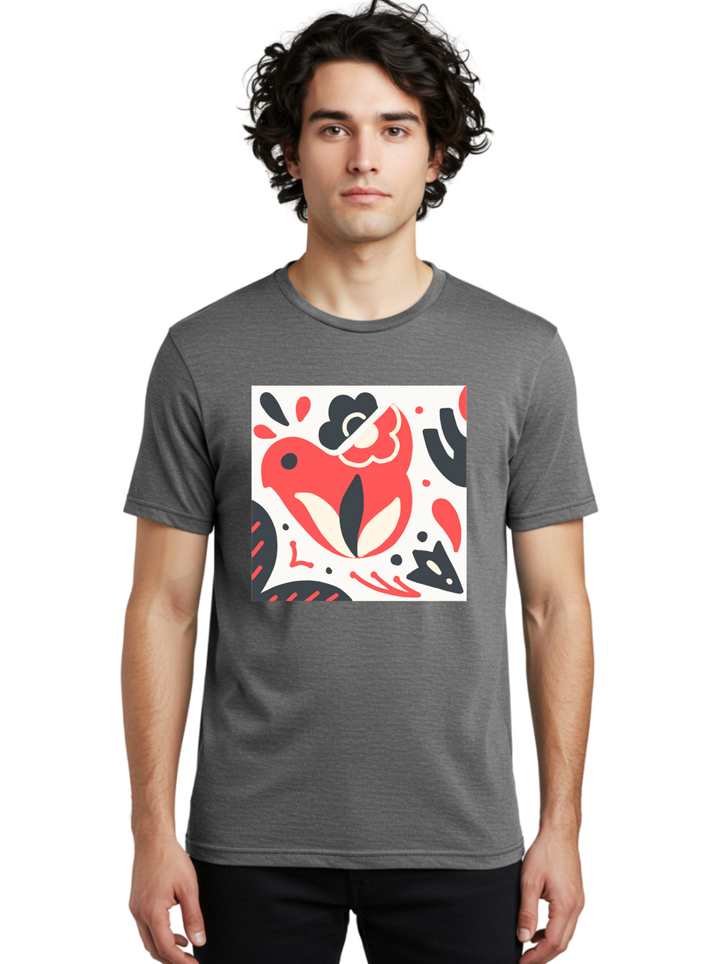 Red-Bird Men'S Graphic Tee, 100% Cotton, Comfortable Casual Summer Wear, Machine Washable, Stylized Fish Illustration, Abstract Shapes, Red And Black Accents, Modern Design, Artistic Expression, Creative Graphics, Bold Colors, Whimsical Art Aab779