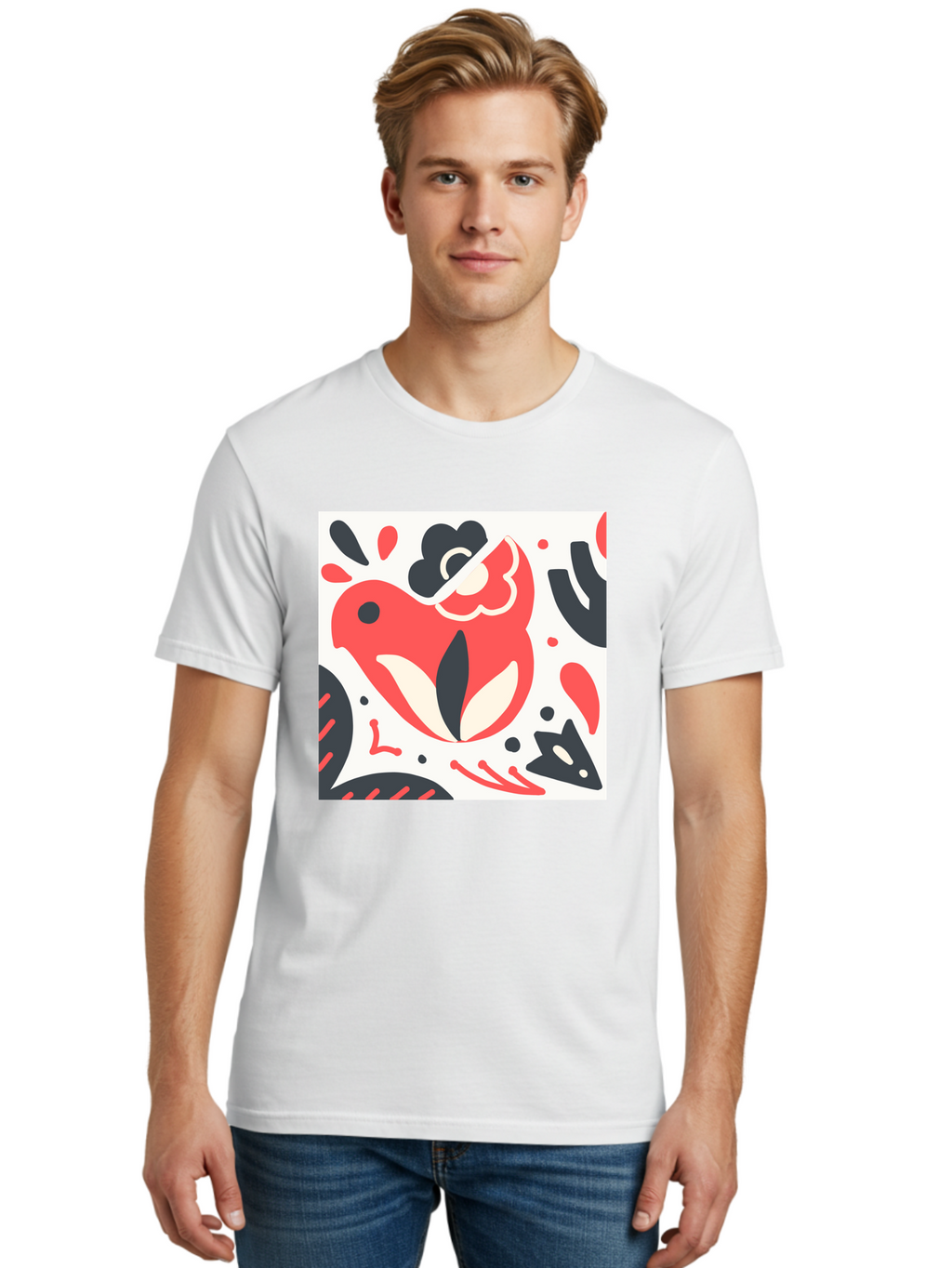 Red-Bird Men'S Graphic Tee, 100% Cotton, Comfortable Casual Summer Wear, Machine Washable, Stylized Fish Illustration, Abstract Shapes, Red And Black Accents, Modern Design, Artistic Expression, Creative Graphics, Bold Colors, Whimsical Art Aab779
