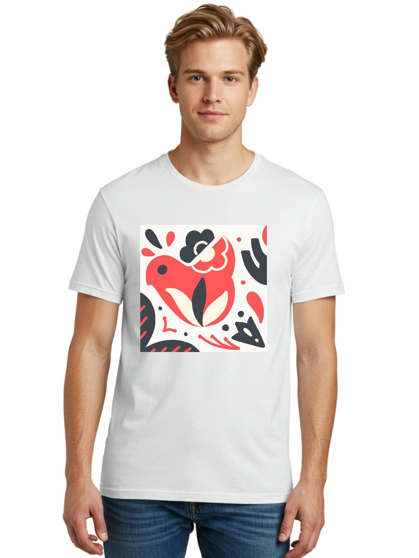 Red-Bird Men'S Graphic Tee, 100% Cotton, Comfortable Casual Summer Wear, Machine Washable, Stylized Fish Illustration, Abstract Shapes, Red And Black Accents, Modern Design, Artistic Expression, Creative Graphics, Bold Colors, Whimsical Art Aab779