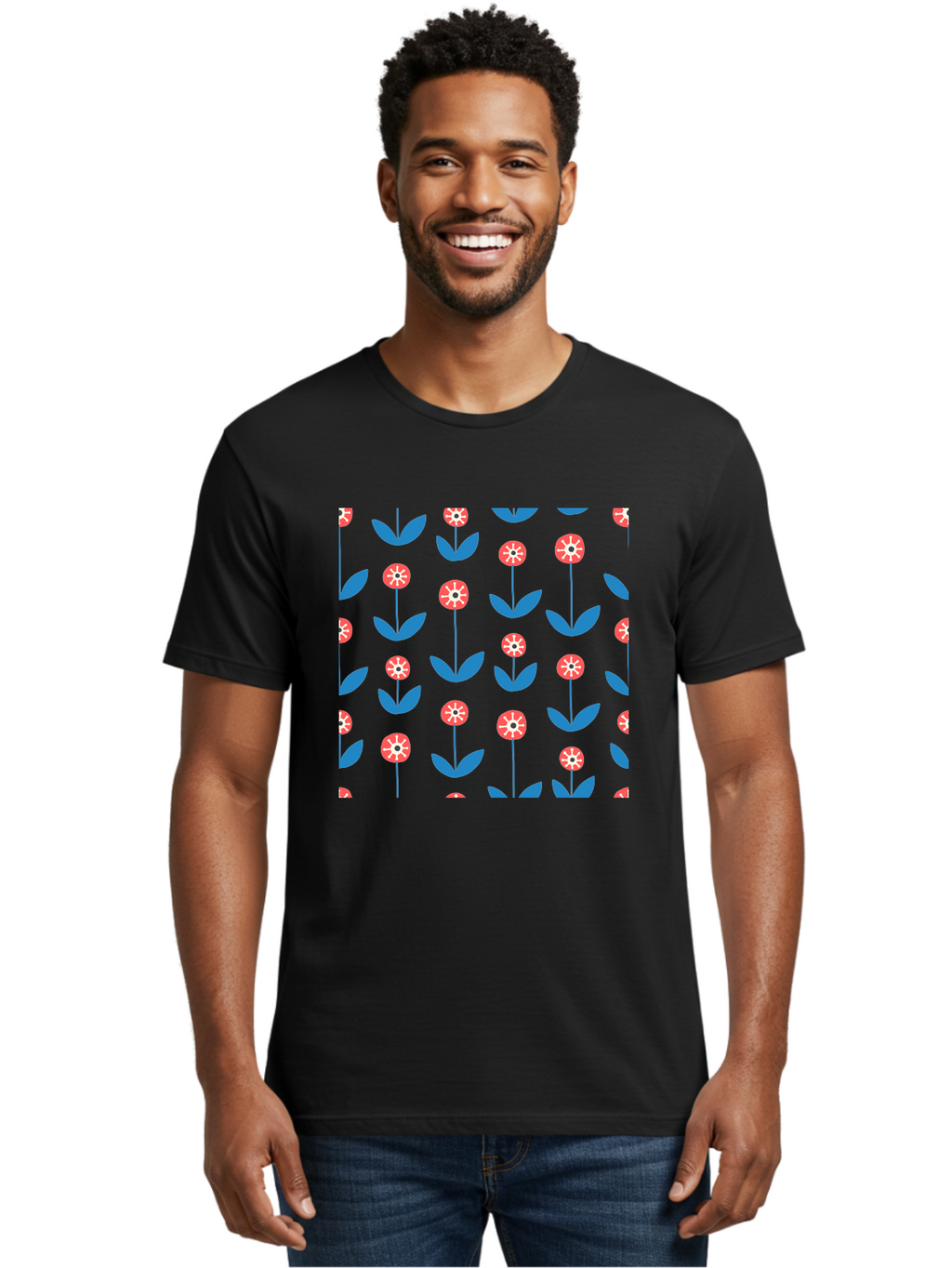 Red-Floral-Pattern Men'S Graphic Tee, 100% Cotton, Comfortable Casual Summer Wear, Machine Washable, Pink Flowers, Blue Leaves, Floral Pattern, Repeating Design, Vibrant Flowers, Colorful Blooms, Stylized Flora Aab782