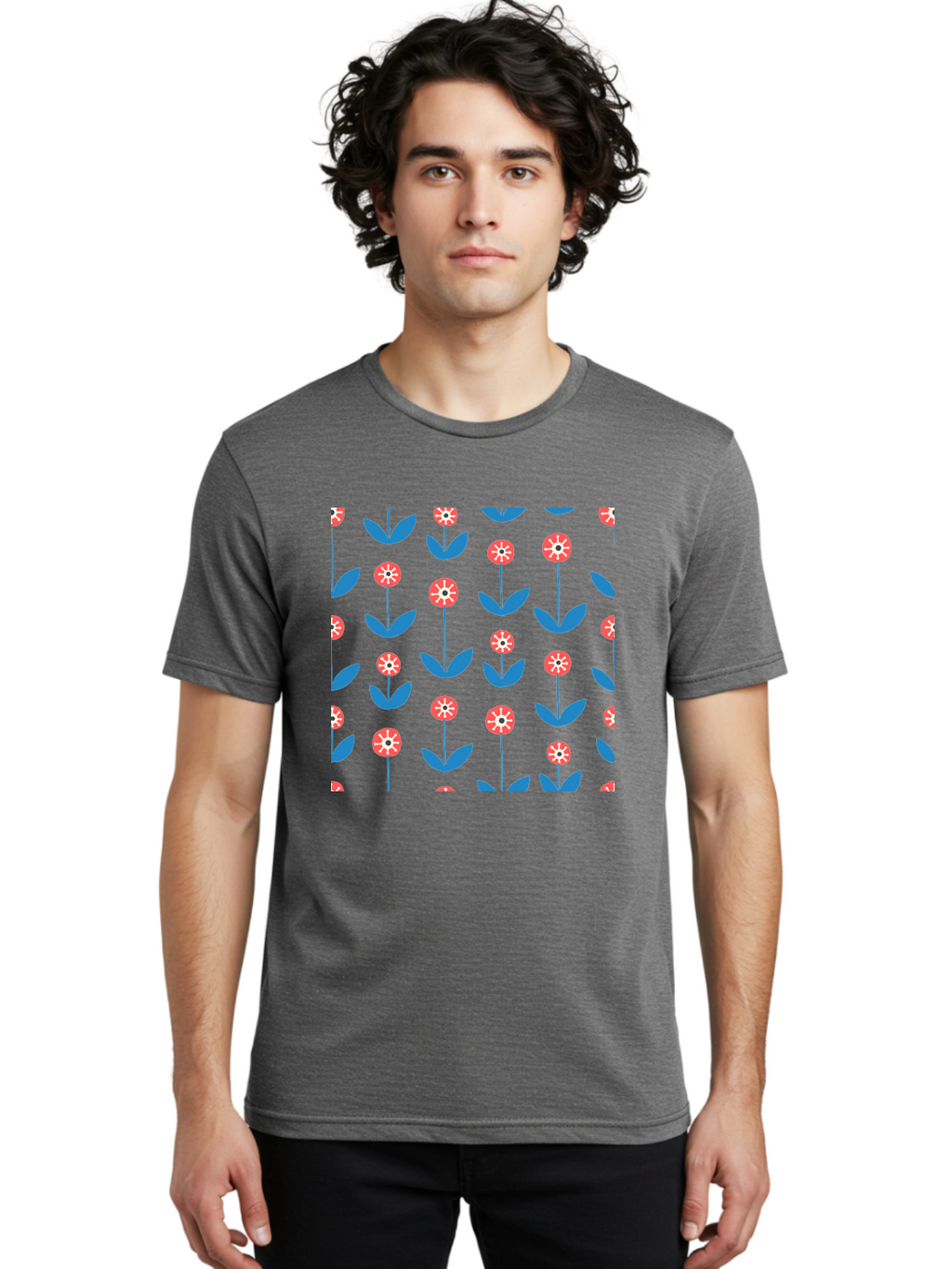 Red-Floral-Pattern Men'S Graphic Tee, 100% Cotton, Comfortable Casual Summer Wear, Machine Washable, Pink Flowers, Blue Leaves, Floral Pattern, Repeating Design, Vibrant Flowers, Colorful Blooms, Stylized Flora Aab782