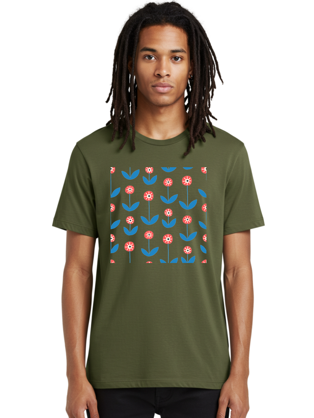 Red-Floral-Pattern Men'S Graphic Tee, 100% Cotton, Comfortable Casual Summer Wear, Machine Washable, Pink Flowers, Blue Leaves, Floral Pattern, Repeating Design, Vibrant Flowers, Colorful Blooms, Stylized Flora Aab782