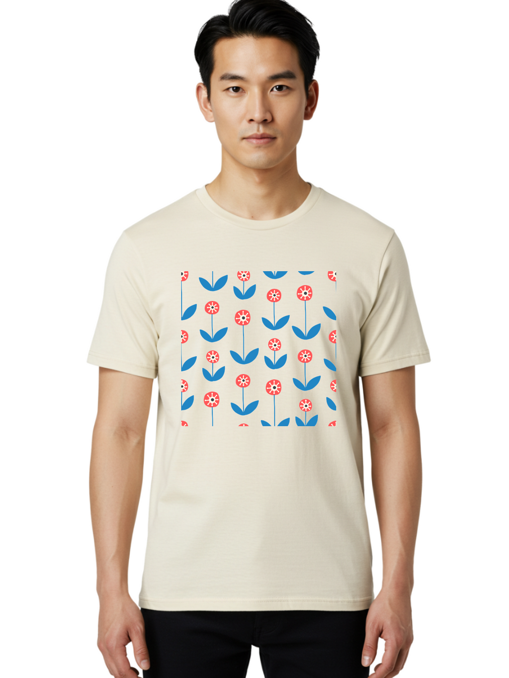 Red-Floral-Pattern Men'S Graphic Tee, 100% Cotton, Comfortable Casual Summer Wear, Machine Washable, Pink Flowers, Blue Leaves, Floral Pattern, Repeating Design, Vibrant Flowers, Colorful Blooms, Stylized Flora Aab782