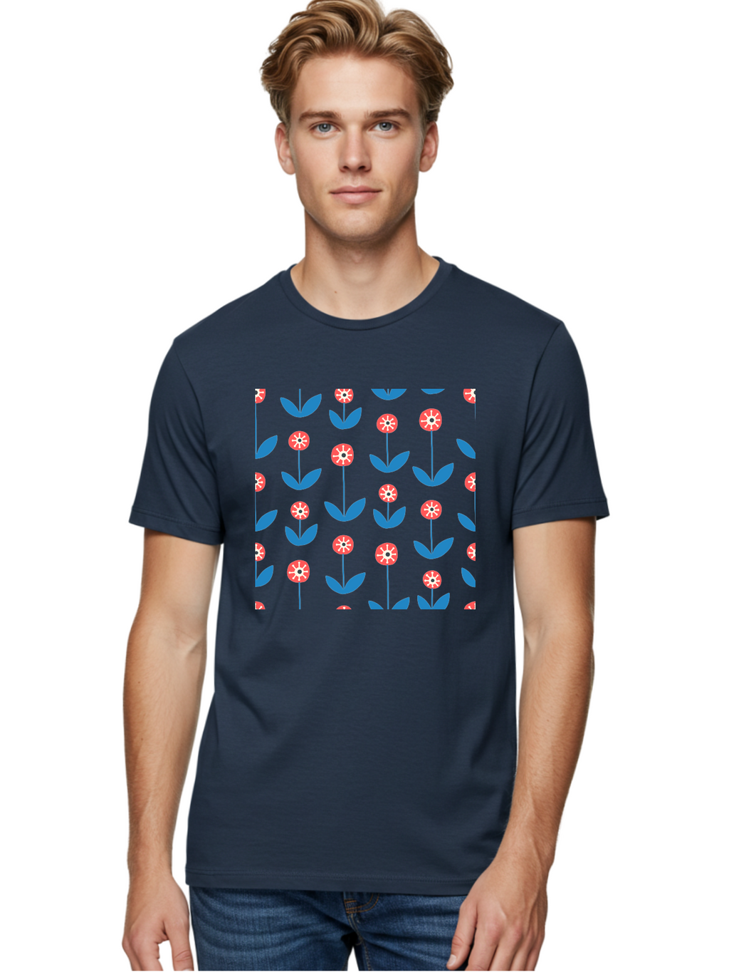 Red-Floral-Pattern Men'S Graphic Tee, 100% Cotton, Comfortable Casual Summer Wear, Machine Washable, Pink Flowers, Blue Leaves, Floral Pattern, Repeating Design, Vibrant Flowers, Colorful Blooms, Stylized Flora Aab782