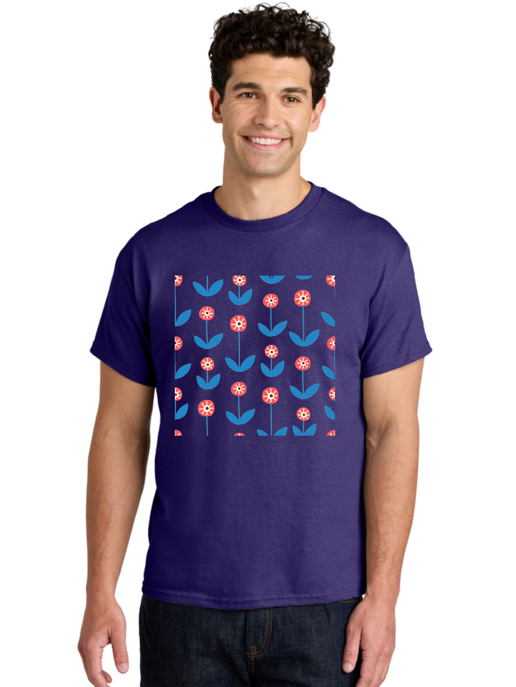 Red-Floral-Pattern Men'S Graphic Tee, 100% Cotton, Comfortable Casual Summer Wear, Machine Washable, Pink Flowers, Blue Leaves, Floral Pattern, Repeating Design, Vibrant Flowers, Colorful Blooms, Stylized Flora Aab782