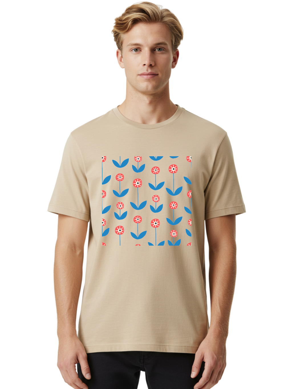 Red-Floral-Pattern Men'S Graphic Tee, 100% Cotton, Comfortable Casual Summer Wear, Machine Washable, Pink Flowers, Blue Leaves, Floral Pattern, Repeating Design, Vibrant Flowers, Colorful Blooms, Stylized Flora Aab782