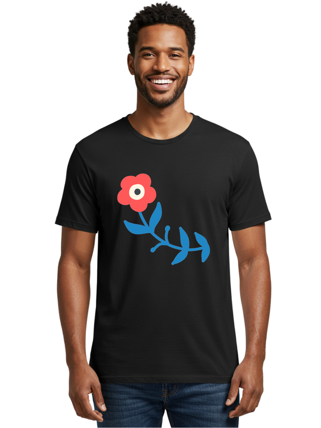 Red-Flower-With-Eye Men'S Graphic Tee, 100% Cotton, Comfortable Casual Summer Wear, Machine Washable, Stylized Red Flower, Blue Leaves, Floral Design, Abstract Art, Surrealism, Creative Expression, Unique Graphic, Simple Shapes, Bold Colors, Aab783