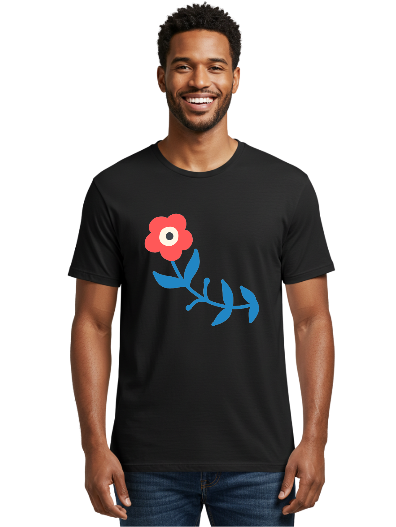 Red-Flower-With-Eye Men'S Graphic Tee, 100% Cotton, Comfortable Casual Summer Wear, Machine Washable, Stylized Red Flower, Blue Leaves, Floral Design, Abstract Art, Surrealism, Creative Expression, Unique Graphic, Simple Shapes, Bold Colors, Aab783