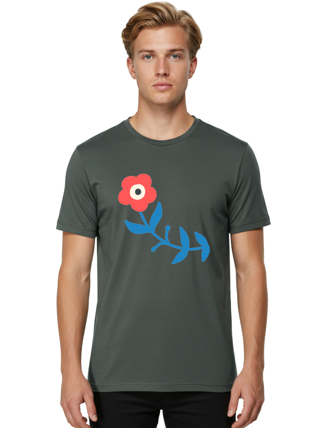 Red-Flower-With-Eye Men'S Graphic Tee, 100% Cotton, Comfortable Casual Summer Wear, Machine Washable, Stylized Red Flower, Blue Leaves, Floral Design, Abstract Art, Surrealism, Creative Expression, Unique Graphic, Simple Shapes, Bold Colors, Aab783