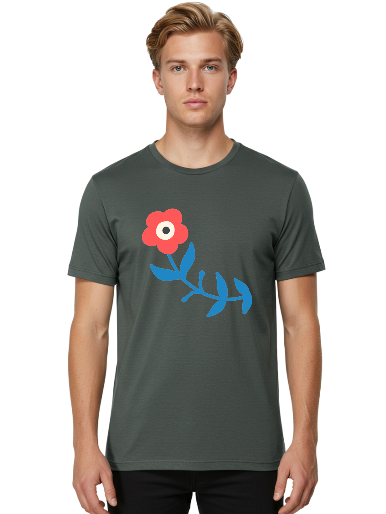 Red-Flower-With-Eye Men'S Graphic Tee, 100% Cotton, Comfortable Casual Summer Wear, Machine Washable, Stylized Red Flower, Blue Leaves, Floral Design, Abstract Art, Surrealism, Creative Expression, Unique Graphic, Simple Shapes, Bold Colors, Aab783