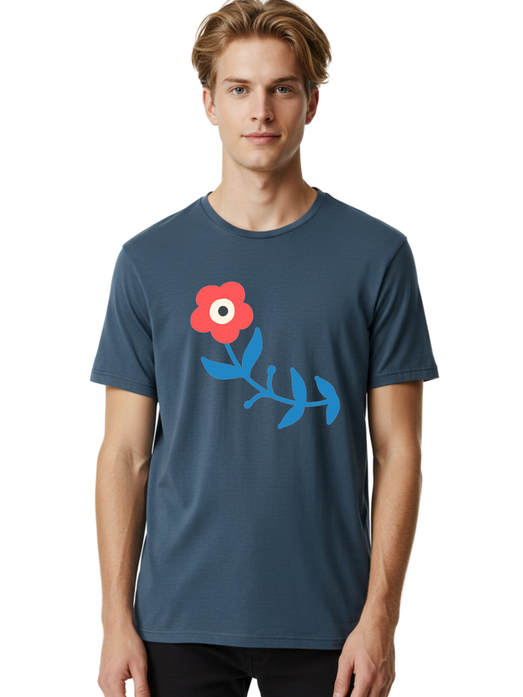 Red-Flower-With-Eye Men'S Graphic Tee, 100% Cotton, Comfortable Casual Summer Wear, Machine Washable, Stylized Red Flower, Blue Leaves, Floral Design, Abstract Art, Surrealism, Creative Expression, Unique Graphic, Simple Shapes, Bold Colors, Aab783